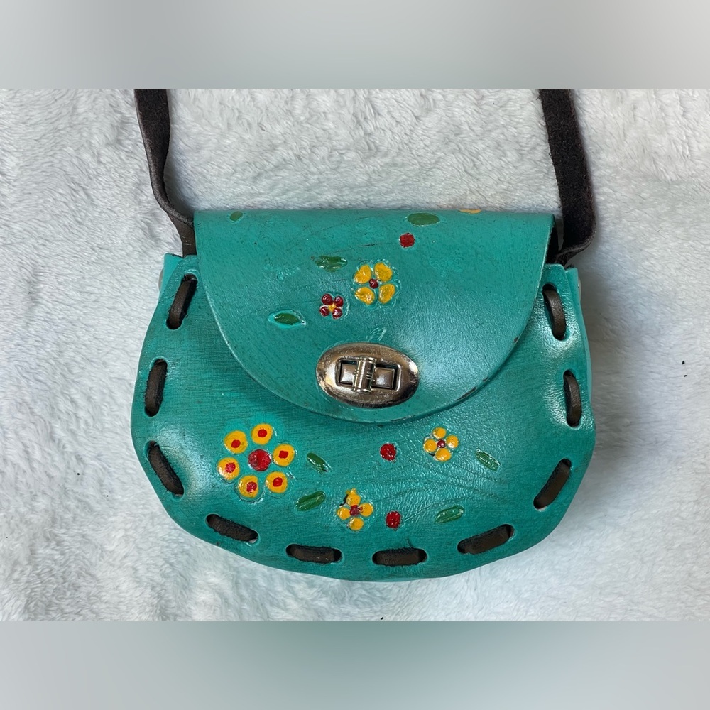 Vintage handmade Mexico leather mini purse crossbody colorful - Picture 2 of 10